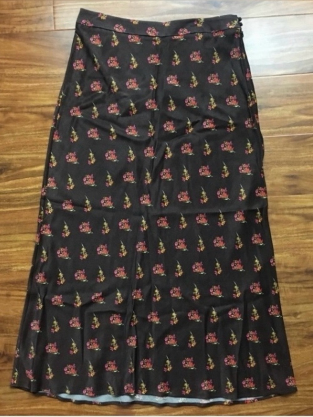 Something Navy Womens Brown Pink Red Floral Satin Midi Skirt Cottagecore Size M